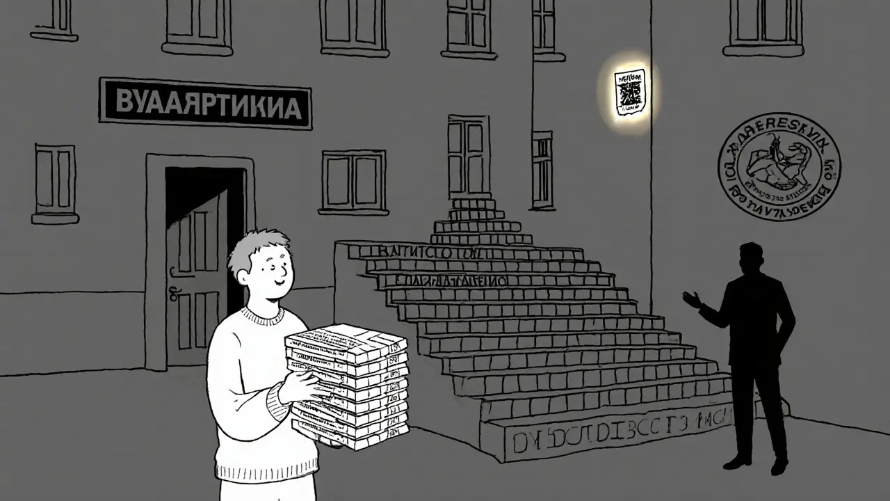 Человек поднимается по лестнице из квитанций к двери собственности, за спиной — мошенник, пытающийся продать ту же квартиру.