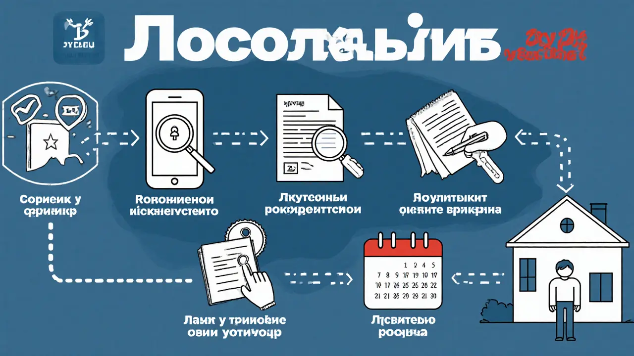 Семь шагов оформления аренды с выкупом, от поиска квартиры до получения ключа, все в виде сцен с линейными иконками.