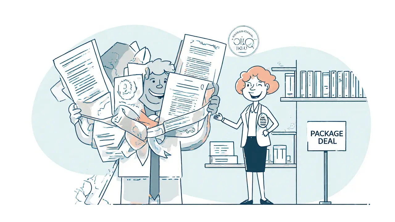 Человек с пакетом из пяти объектов недвижимости и значком скидки 20%.