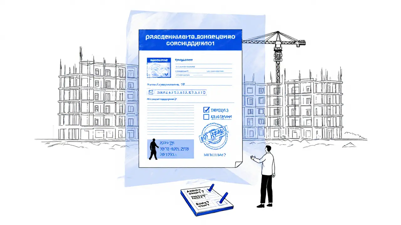 Человек смотрит на разрешение на строительство, обнаруживая скрытые нарушения.