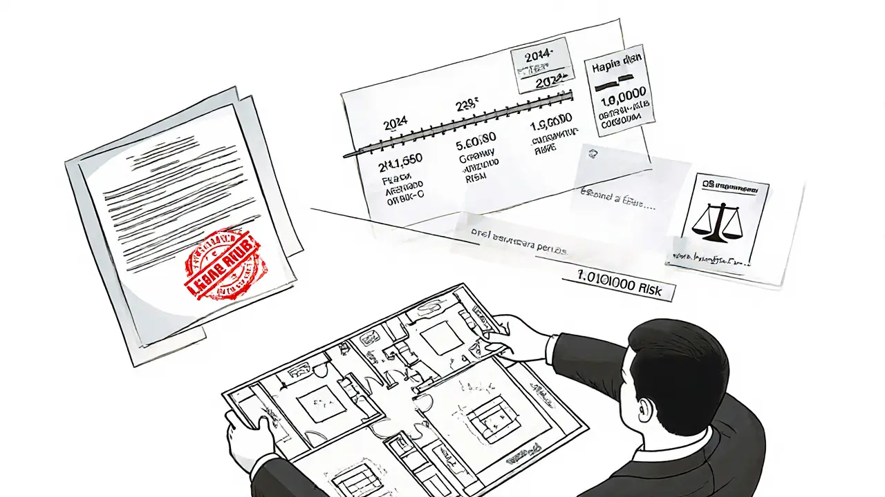 Оценщик изучает план квартиры, вокруг — юридические и финансовые символы защиты.
