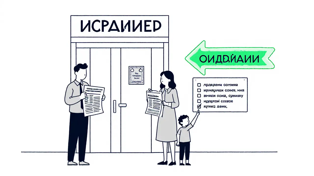 Семья перед дверью СФР с исправленным заявлением и чек-листом для успешного прохождения.