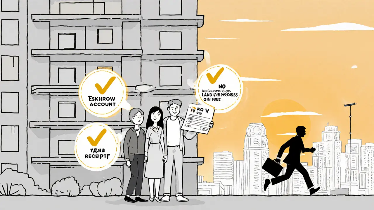 Семья проверяет документы на стройке, получая подтверждение законности строительства.