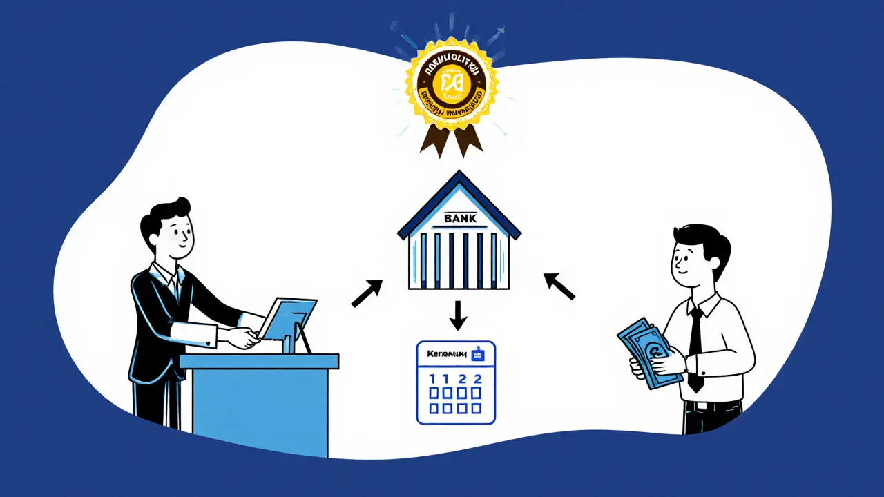 Трехсторонняя сделка: покупатель, банк и продавец обмениваются деньгами через аккредитив.