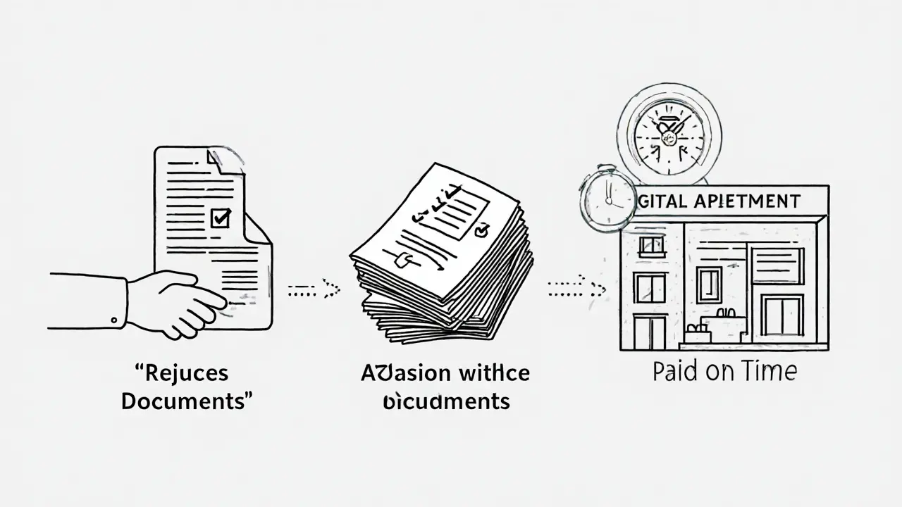Визуальная хронология: отказ от документов — проверка — безопасная аренда с отметкой &#039;Оплата вовремя&#039;.