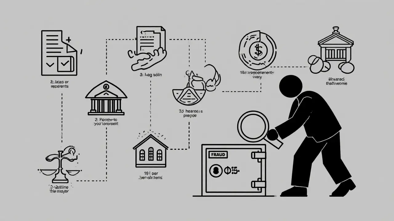 Дорожка из 10 шагов проверки ведет к защищенным деньгам, а мошенник пытается их украсть.