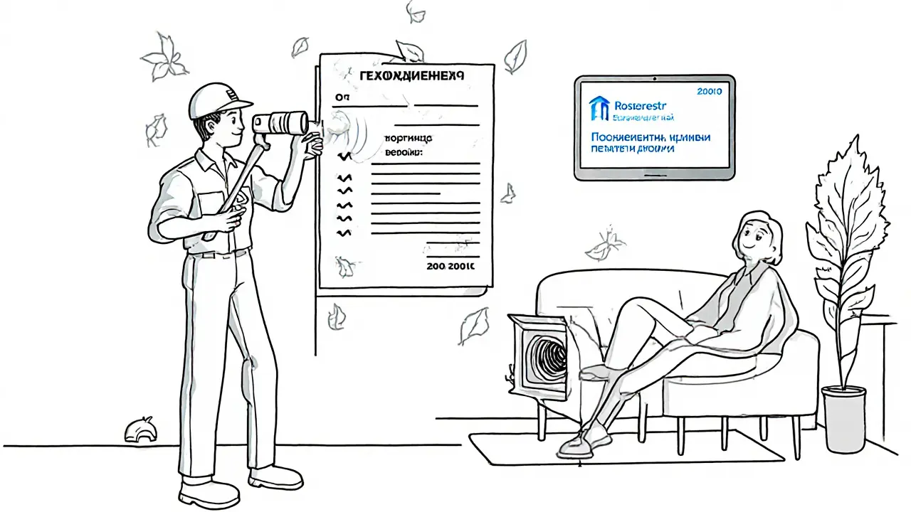 Инспектор проверяет вентиляцию тепловизором, на стене — список дефектов и подтверждение Росреестра.