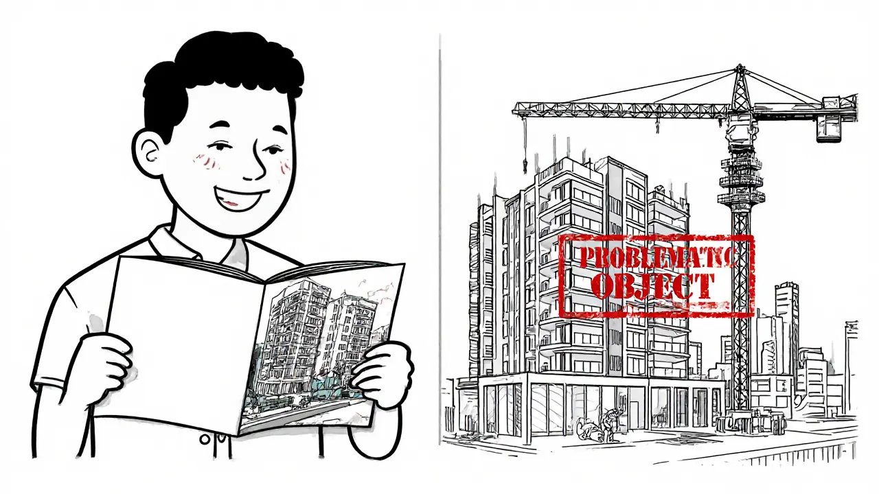 Контраст между идеальной квартирой в рекламе и заброшенной стройкой с красной меткой проблемы.
