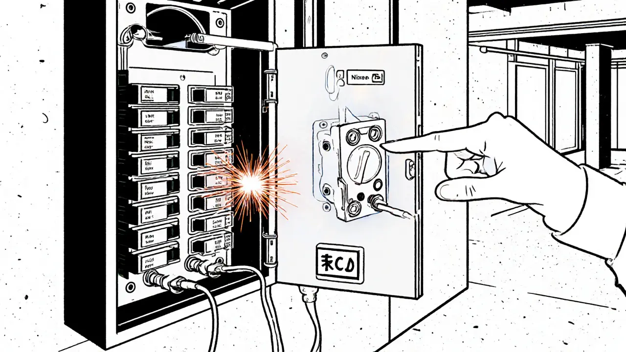 Открытый электрощит с отсутствующим УЗО, человек измеряет напряжение мультиметром, видны скрытые перегревы.