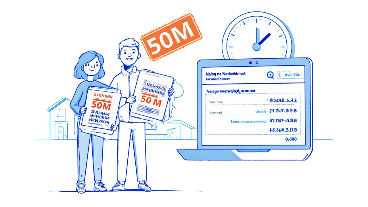 Пара держит половинки льготы в 50 млн, над домом — значок &#039;0 руб.&#039;, на экране — новый налоговый сервис.