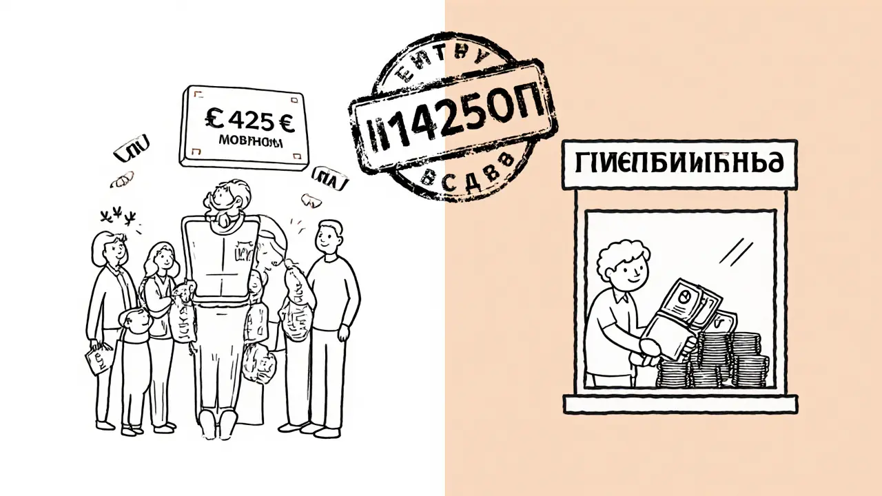 Разделённая сцена: ежемесячные выплаты на телефоне и мелкий остаток маткапитала, полученный наличными — оба законных способа.