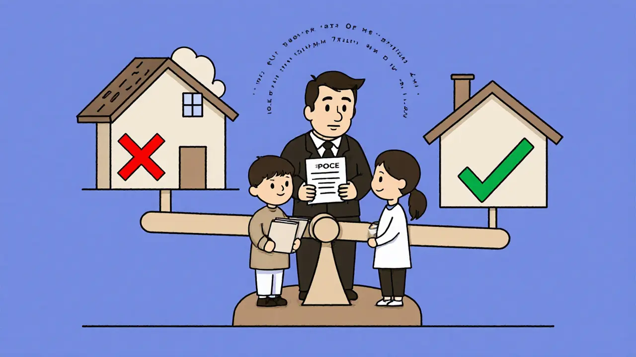 Родитель передаёт документы сотруднику социального фонда, дети стоят у весов с жильём.