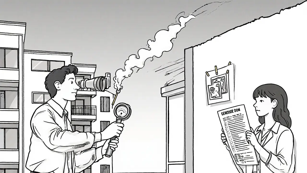 Специалист проверяет вытяжку термокамерой и анемометром, дым от спички тянется обратно в квартиру.