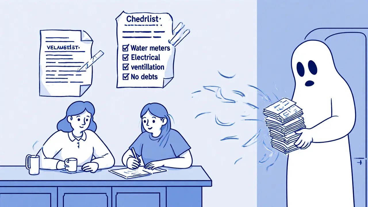 Супруги подписывают акт приема-передачи, рядом — чек-лист и призрак долгов по коммуналке.
