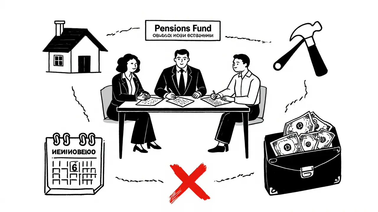 Супруги подписывают документы в Пенсионном фонде, рядом — запрещённые схемы с крестами и инструменты строительства.