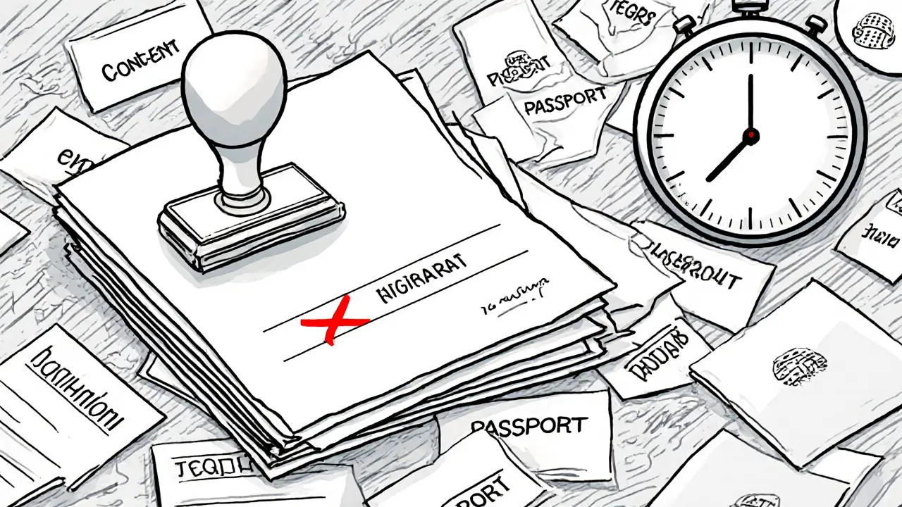 Документы для сделки с отсутствующим согласием супруга и часами, символизирующими срочность.