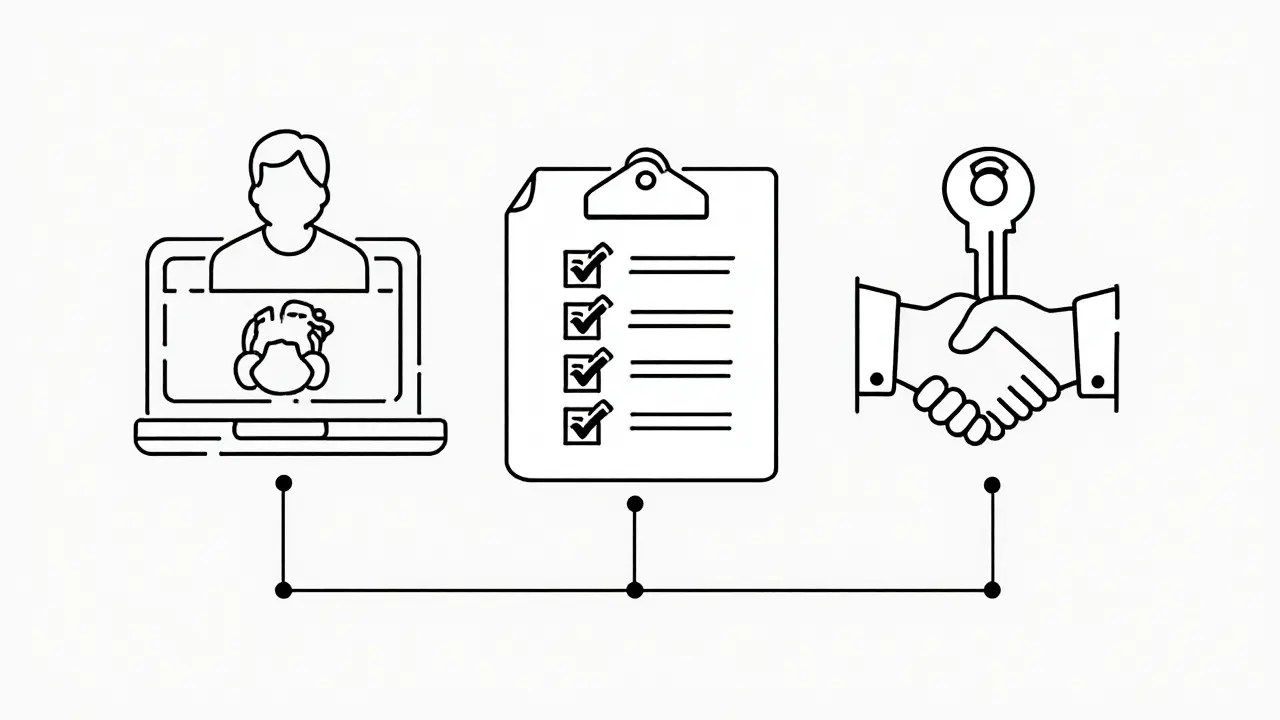 Гибридный процесс продажи: онлайн-показ, подготовка и личная встреча — в виде схемы.