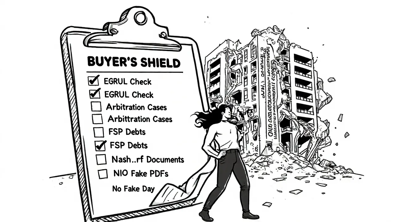 Покупатель проверяет список защитных шагов перед покупкой квартиры в новостройке.