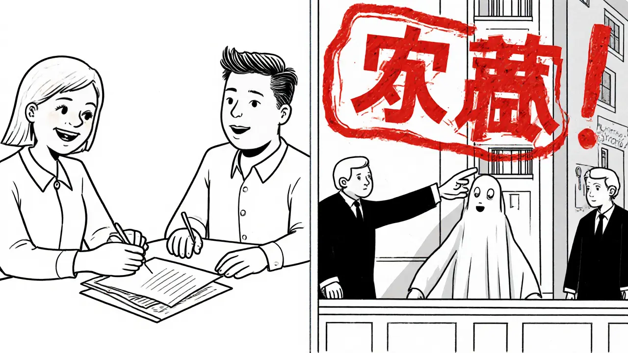 Разделённая сцена: радостная подпись договора слева, а справа — тот же человек в суде с красной печатью &#039;оспаривается&#039;.