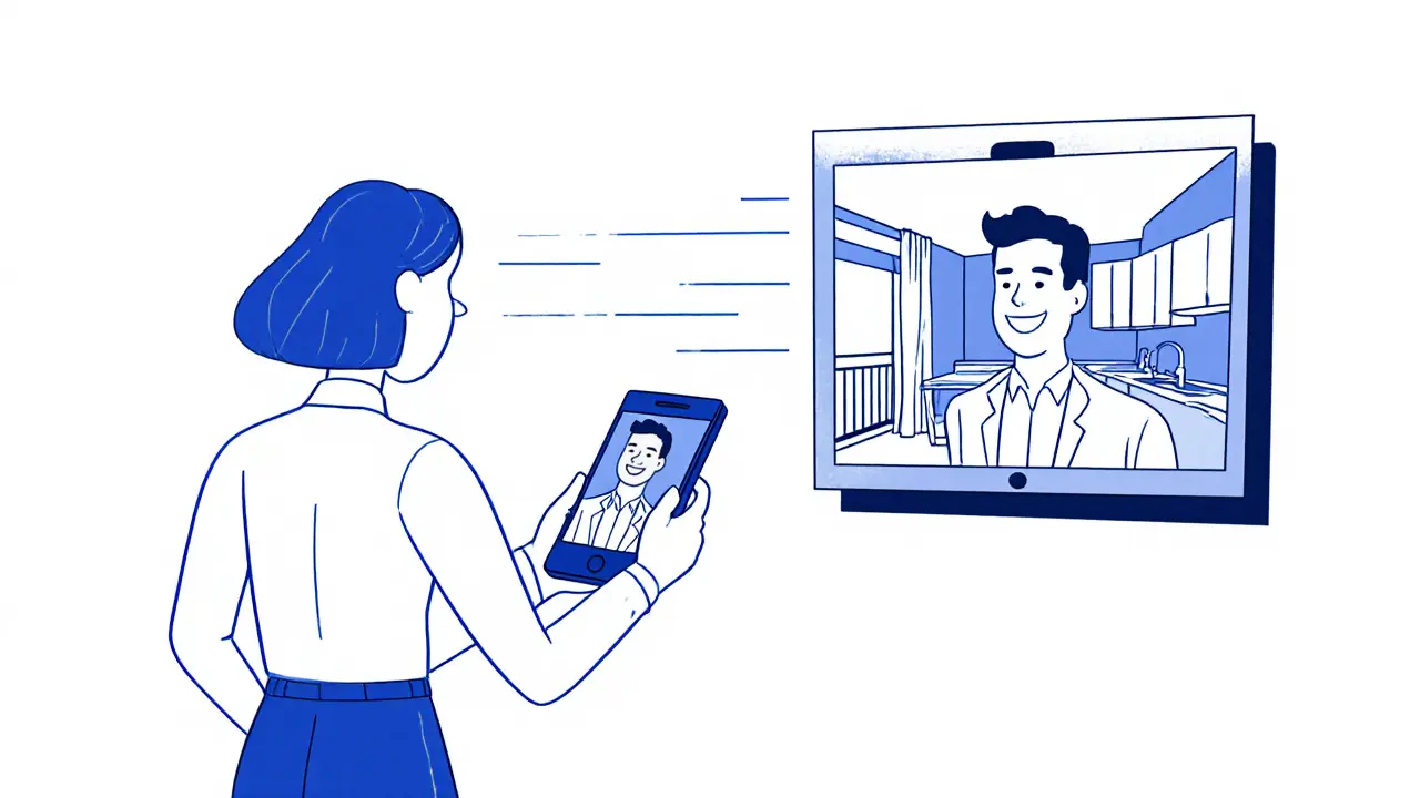 Риелтор ведет онлайн-показ квартиры по видеосвязи, покупатель смотрит с экрана.
