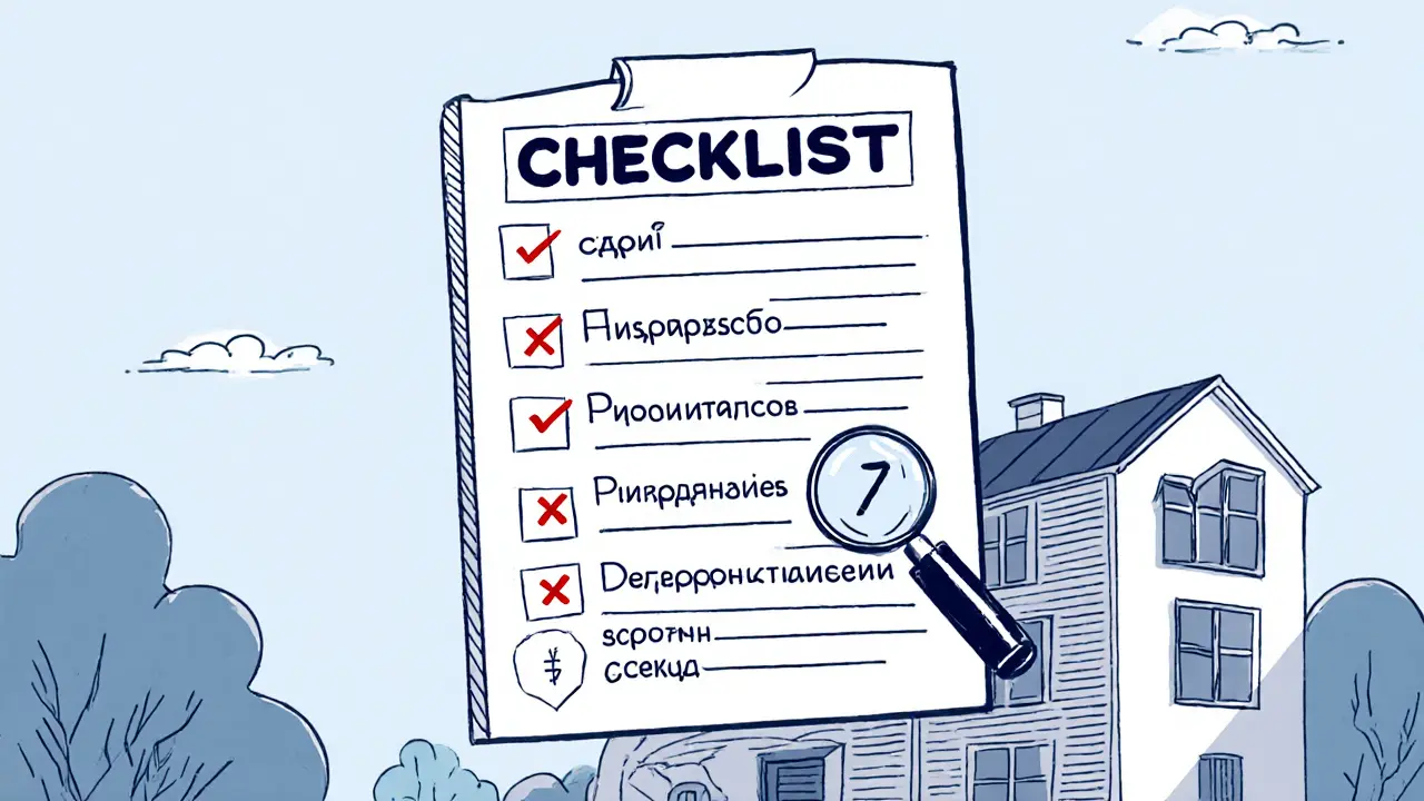 Семь юридических проверок в виде панелей над домом, некоторые отмечены галочками, другие — крестиками, с символом скрытого риска.