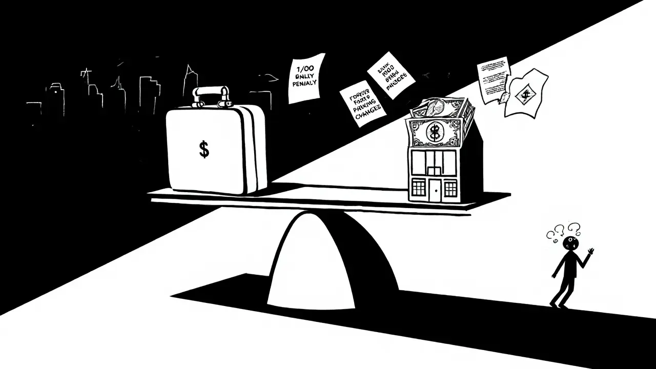 Весы балансируют деньги и квартиру, а застройщик добавляет невыгодные условия на сторону денег.