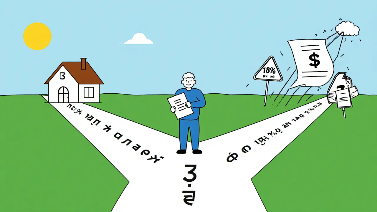 Человек у перекрестка: один путь — ожидание 3 лет с домом, другой — продажа сейчас с растущим налогом и процентами.