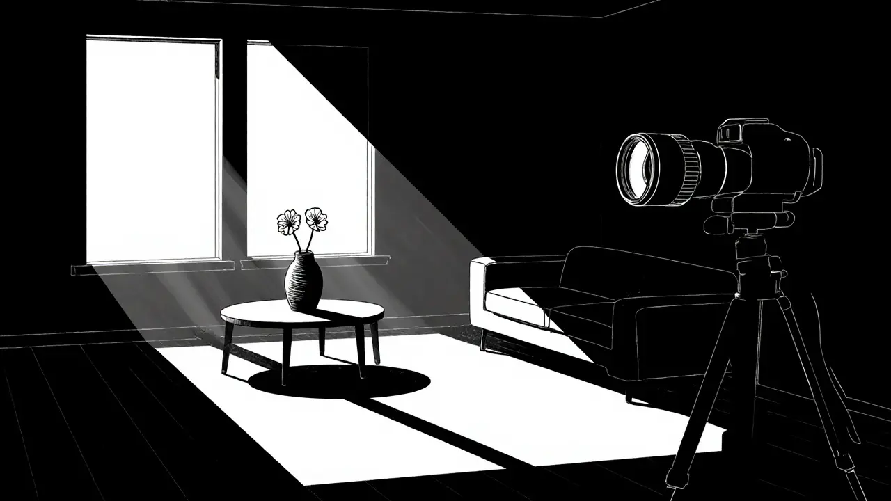 Чистая, светлая гостиная с минимальным декором, фотографирующаяся профессиональной камерой.