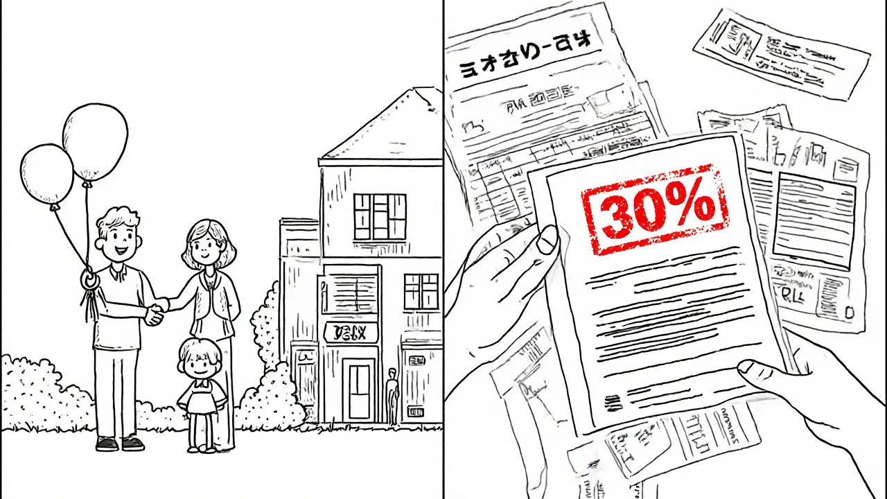 Семья передаёт ключи новому дому, рядом — документы на налоги и оплату по ДДУ