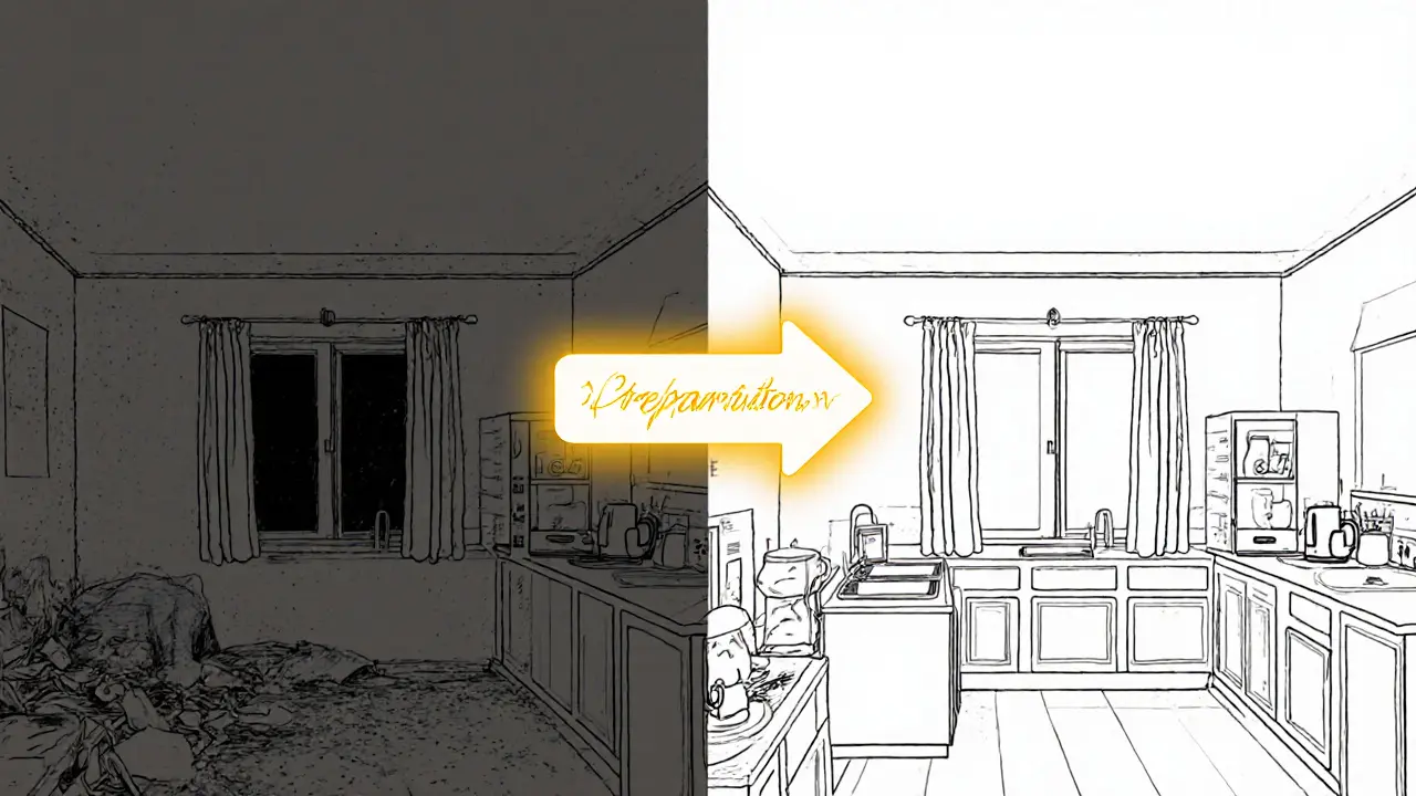 Сравнение грязной и идеально подготовленной квартиры с указанием времени на подготовку.