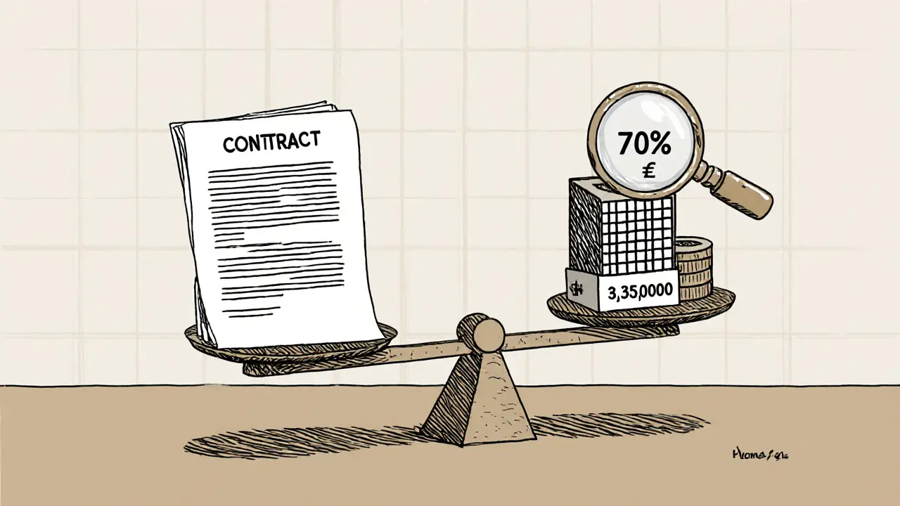 Весы с договором продажи и кадастровой стоимостью, увеличительное стекло над более тяжелой стороной.