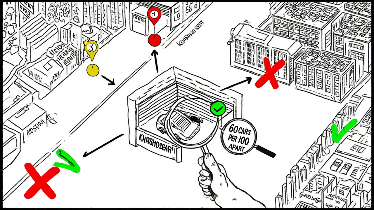 Карта городов с разными ценами аренды, фокус на соотношении машин и квартир.