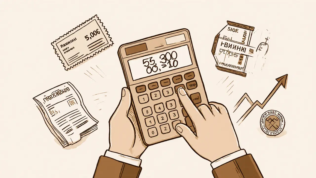 Рука с калькулятором, показывающим доходность 13,3%, вокруг — платежи и график.