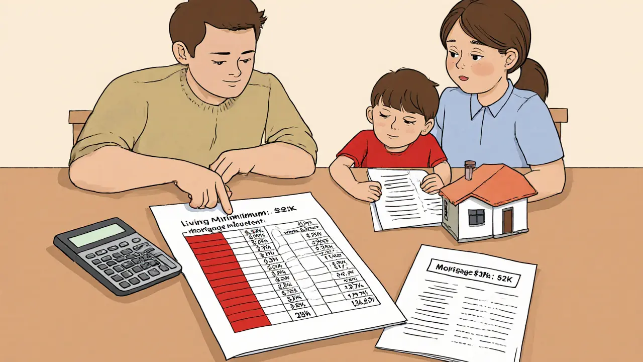 Семья анализирует бюджет на кухне, видя, что после ипотеки остается меньше прожиточного минимума.