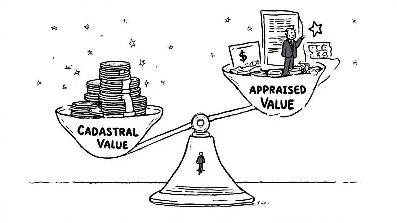 Весы с кадастровой стоимостью и завышенной оценкой, один человек стоит на ложной стороне с фальшивым сертификатом.