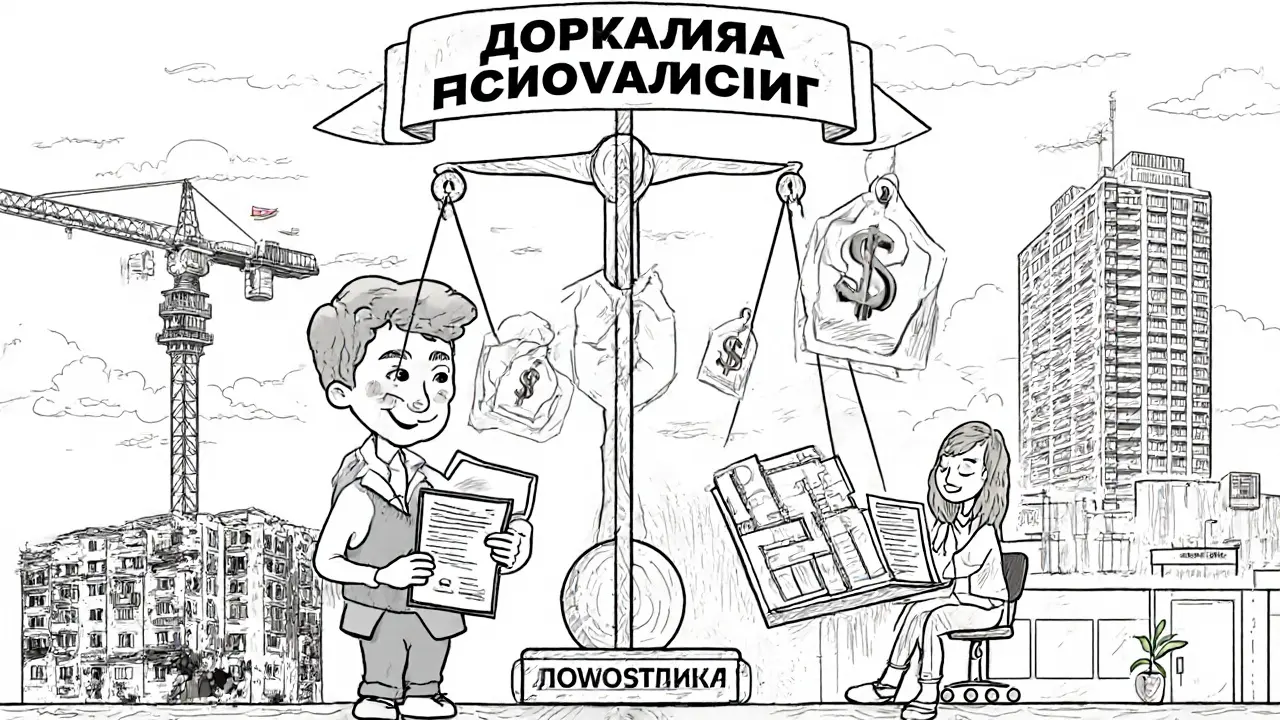 Две пары подписывают документы: одна с городом, другая с застройщиком, на фоне баланса старого и нового жилья.