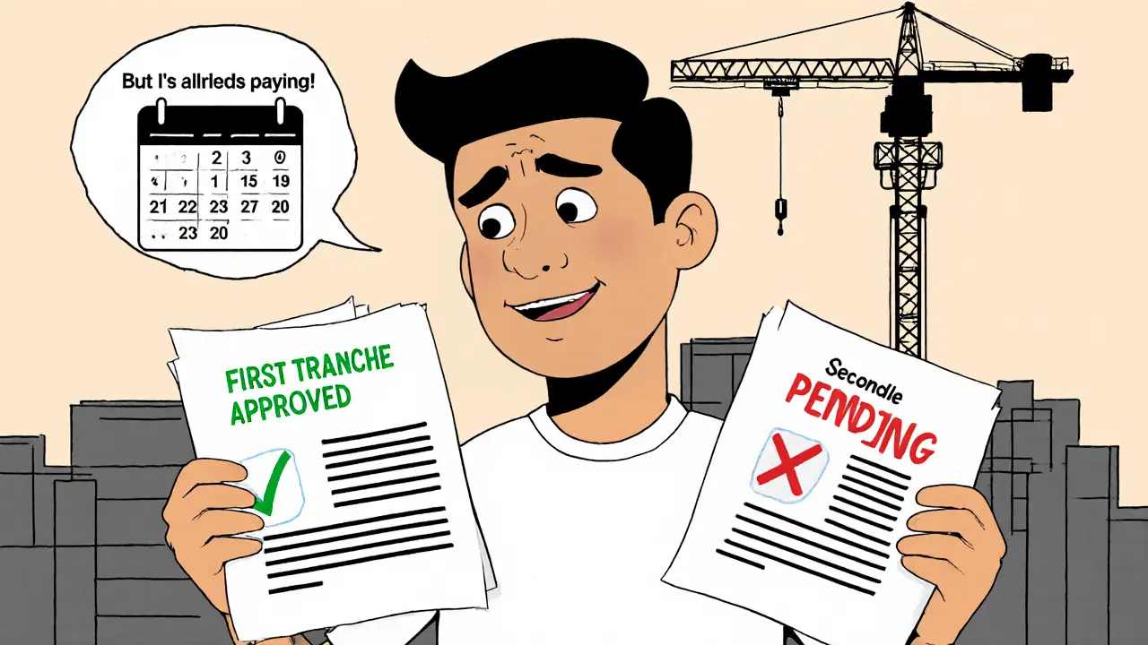 Мужчина с двумя документами: один одобрен, другой отклонён, застройка остановлена.