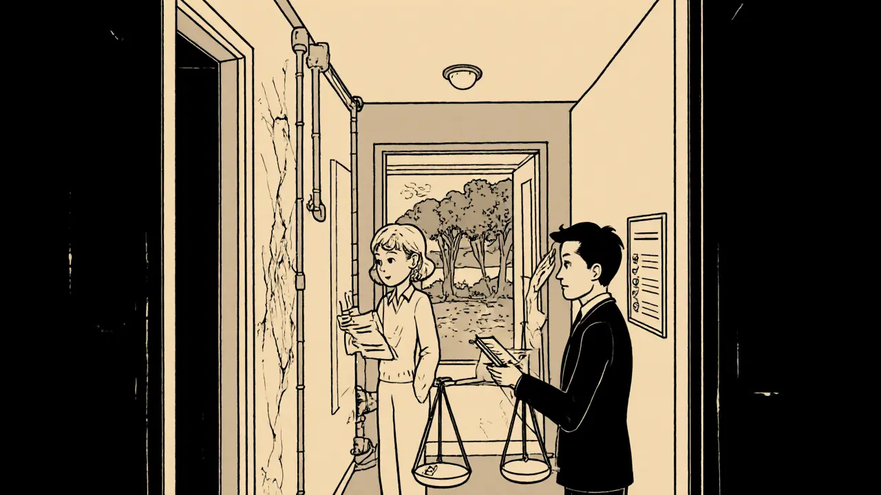 Нейтральный покупатель осматривает старые трубы и трещины в квартире, продавец показывает вид.