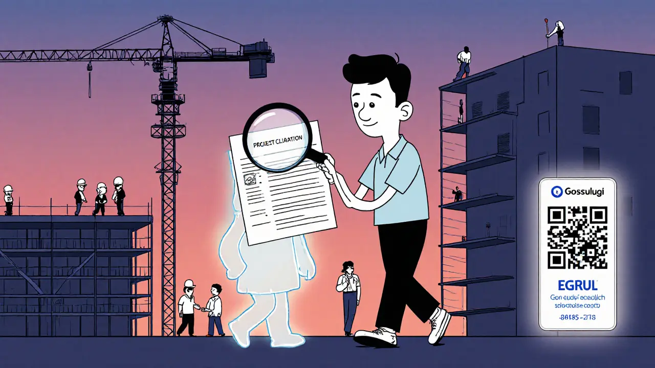 Покупатель проверяет стройку вживую, а фейковый отзыв исчезает, уступая место проверке через госуслуги.