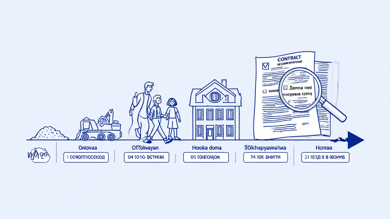 Семья идет по временной шкале строительства, цена квартиры фиксируется на этапе коробки дома, договор подчеркнут как ключевой элемент.