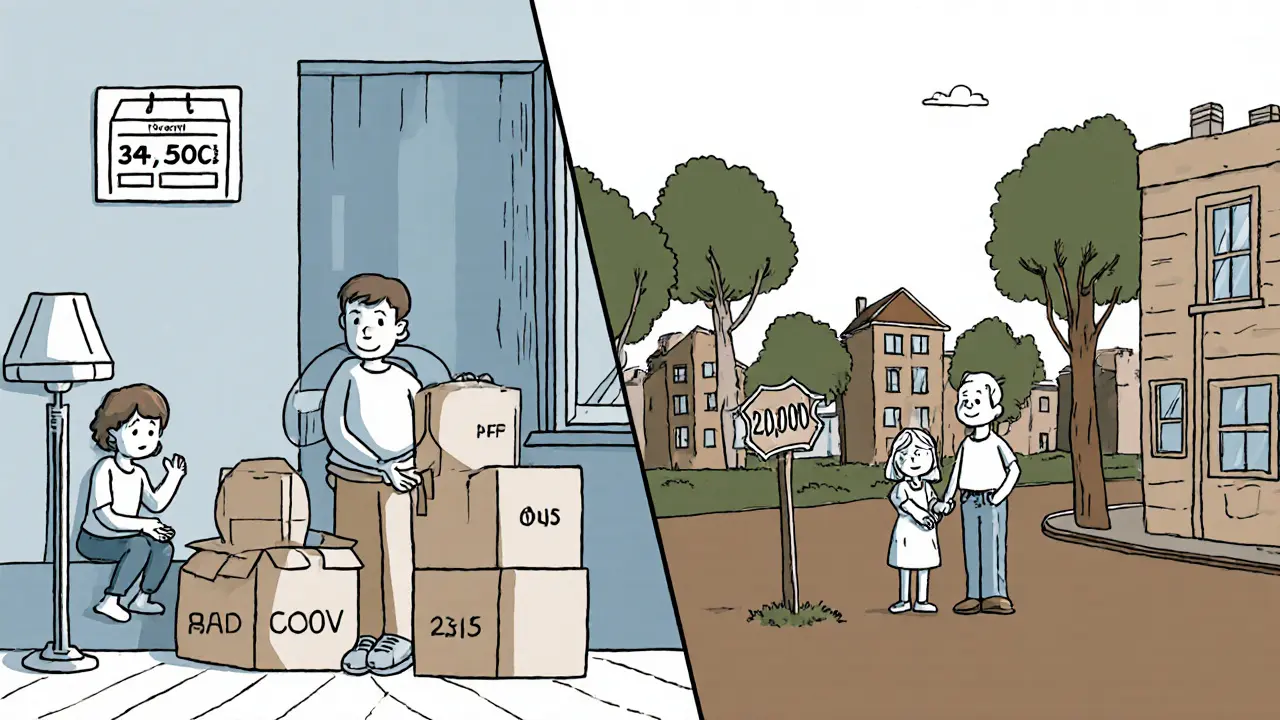 Семья уезжает из Москвы в регион — справа спокойный город с дешевой арендой, слева переполненная квартира.