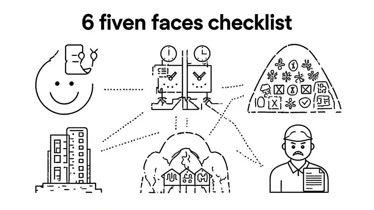 Семь признаков фейковых отзывов о застройщиках, изображённые как иконки на чистом фоне.