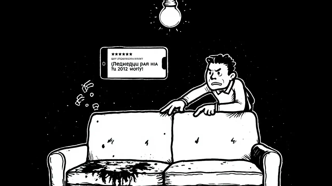 Собственник осматривает изношенную мебель с негативным отзывом на телефоне.