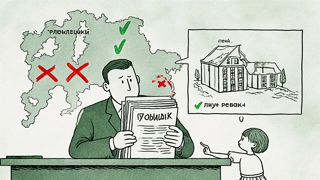 Сотрудник ПФР проверяет документы, на фоне карта с одобренными и отклоненными квартирами.