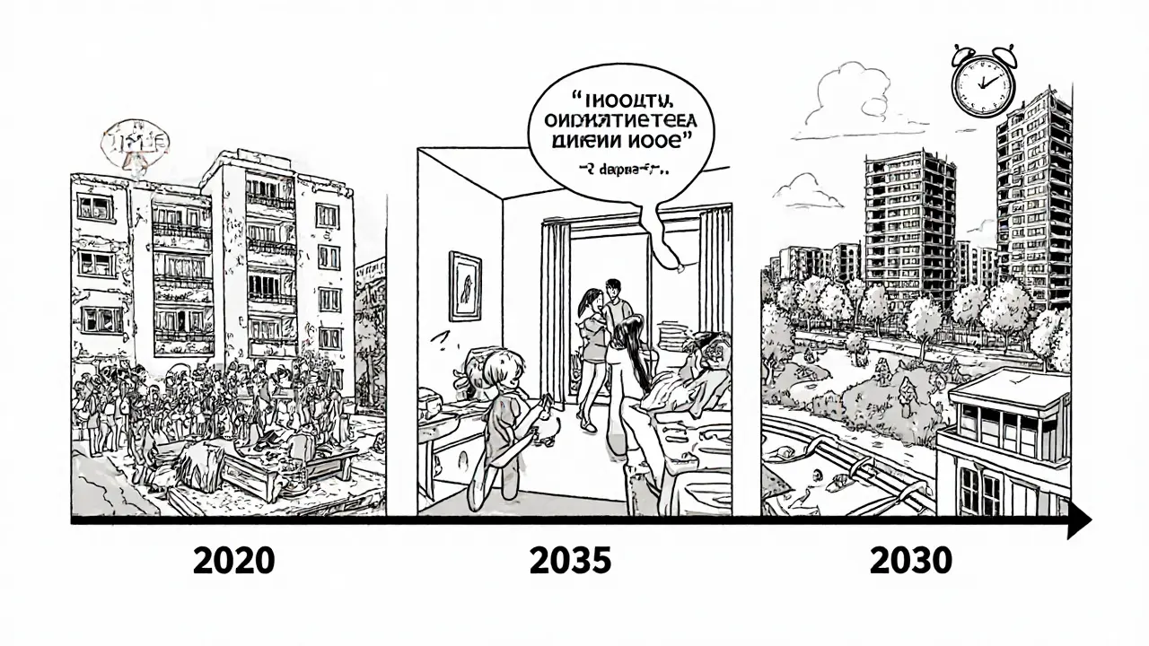 Тimeline от старой квартиры 2020 года до развитого района 2030 года с школой и метро, рядом — строящийся дом.