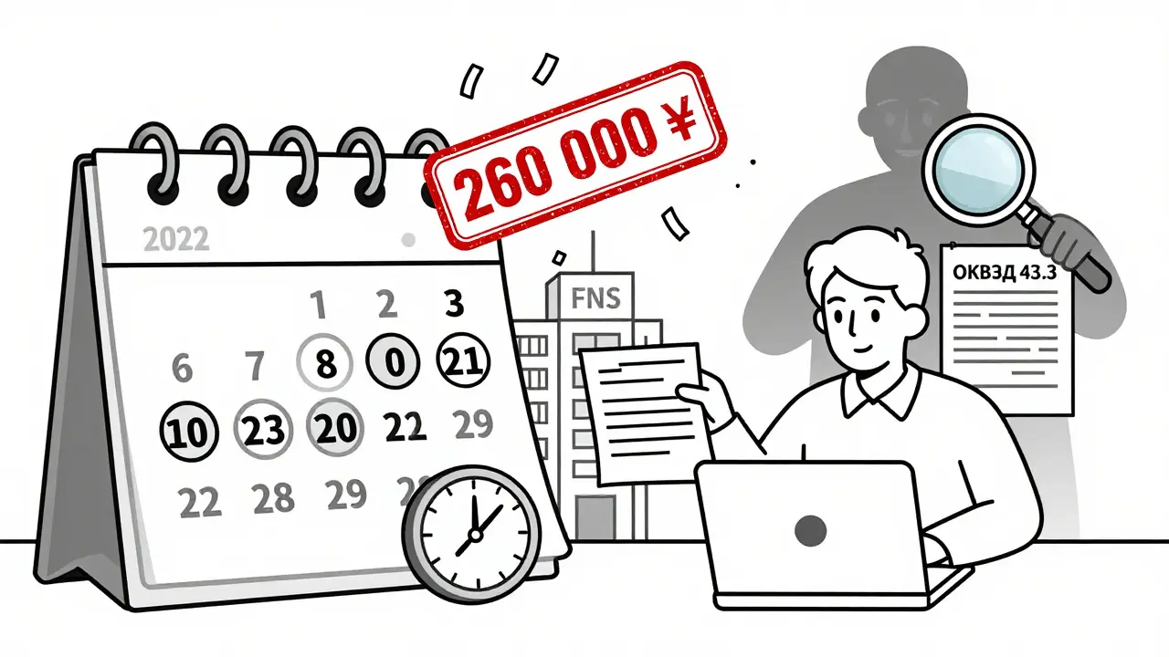 Человек подаёт документы на вычет в 2025 году, надпись 260 000 ₽ и проверка ОКВЭД 43.3