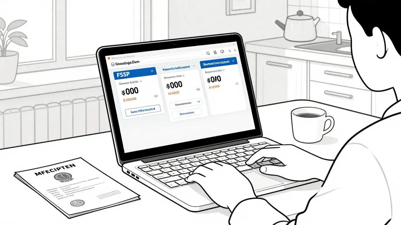 Человек проверяет долги по ЖКХ через три онлайн-сервиса на ноутбуке с официальной справкой рядом.