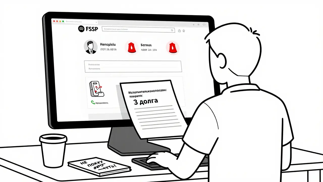 Человек смотрит на экран с предупреждением о долгах продавца на сайте ФССП.