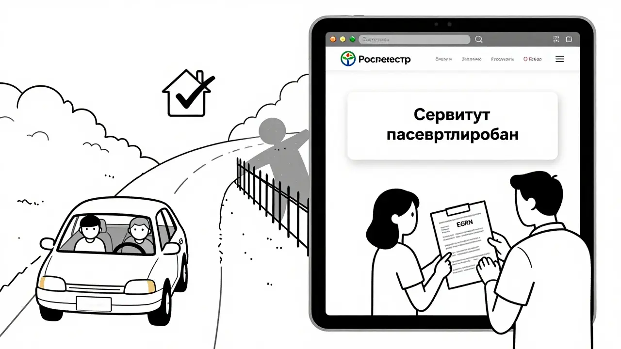 Электронная регистрация сервитута: семья въезжает на участок, а покупатель смотрит выписку ЕГРН.