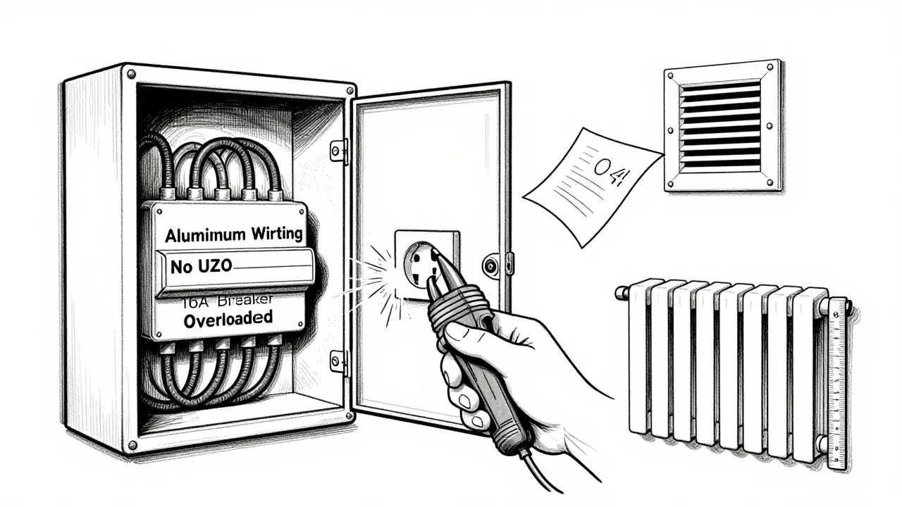 Электрощит с алюминиевой проводкой, отсутствием УЗО и неисправной розеткой без заземления.